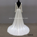 Simple design long sleeve v-neck beaded bride's party beaded satin wedding dress